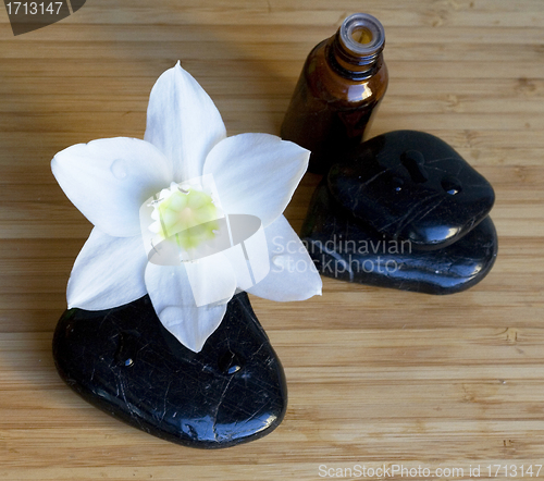 Image of Spa black stones with white flower on wooden background