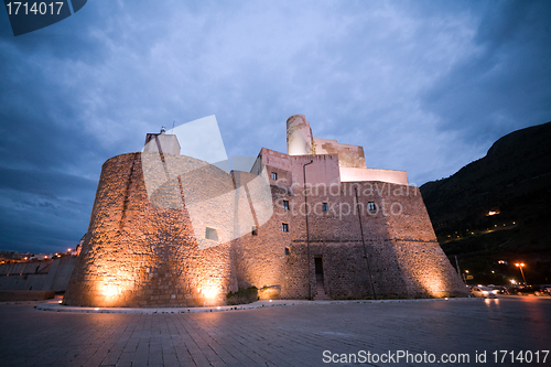 Image of evening view of fortress of Castellammare del Golfo town, Sicily