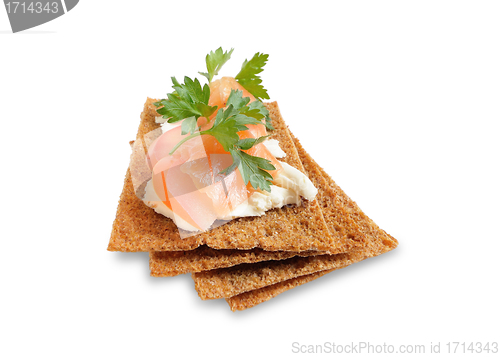 Image of Snack. Bread with feta cheese and salmon.