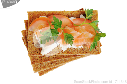 Image of Snack. Bread with feta cheese and salmon.