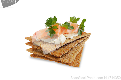 Image of Snack. Bread with feta cheese and salmon.