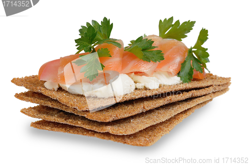 Image of Snack. Bread with feta cheese and salmon.