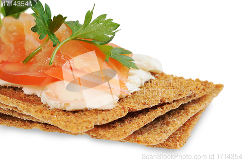 Image of Snack. Bread with feta cheese and salmon.