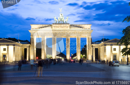 Image of Brandenburg Gate Berlin Germany night lights scene