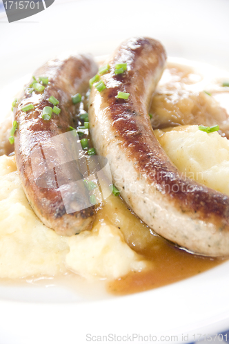 Image of  Grobe sausage bratwurst with mashed potatos sauerkraut