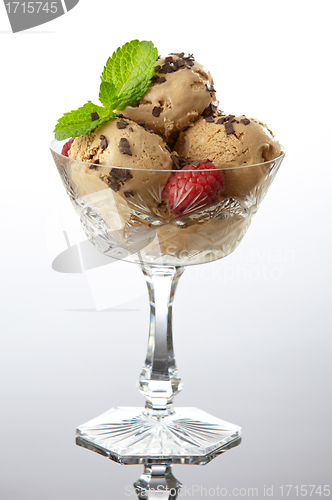 Image of ice cream with raspberries and chocolate