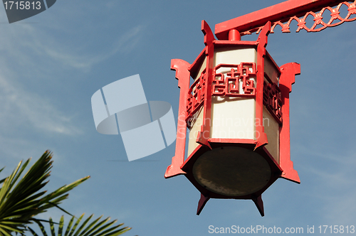 Image of Red lantern against blue sky