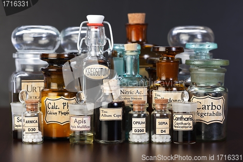 Image of Various pharmacy bottles of homeopathic medicine