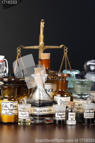 Image of Various pharmacy chemicals of homeopathic medicine