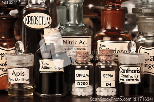 Image of Various pharmacy bottles of homeopathic medicine