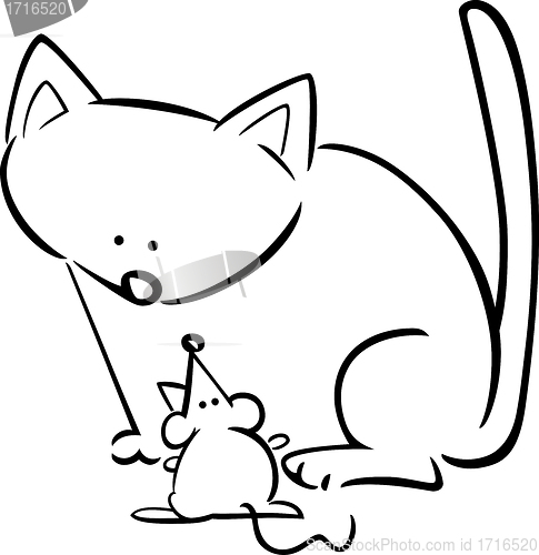 Image of cartoon doodle of cat and mouse for coloring