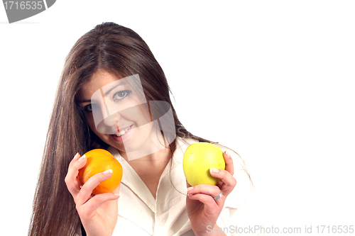 Image of beautiful woman with orange and lemon, healthy citrin photo