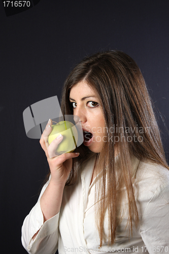 Image of woman with beautiful red apple, healthy food