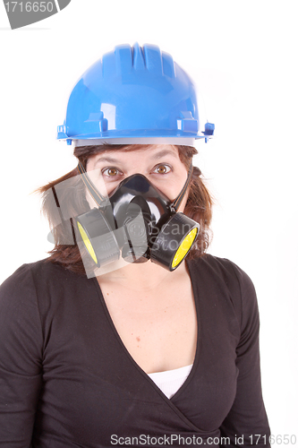 Image of woman with safety protection, gas mask and helmet