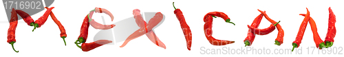 Image of MEXICAN text composed of red chili peppers