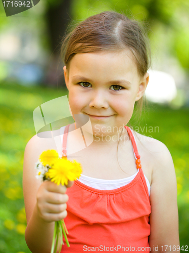 Image of Little girl with a bunch of dandelions