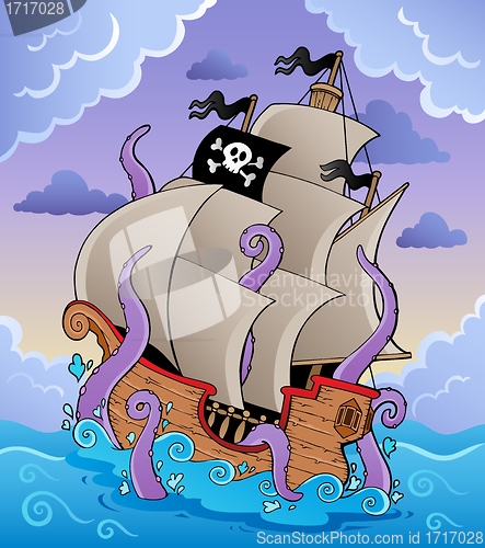 Image of Pirate ship with tentacles in storm