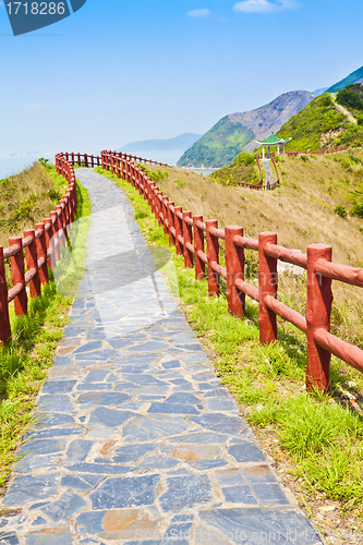 Image of Hiking path and pavillion in mountain ridges