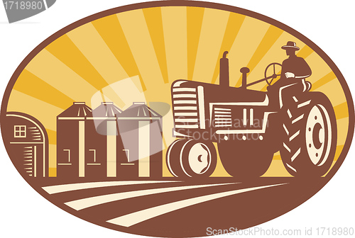 Image of Farmer Driving Vintage Tractor Retro Woodcut