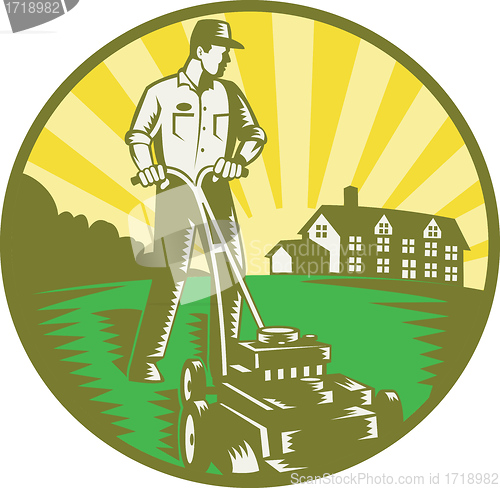 Image of Gardener Mowing Lawn Mower Retro