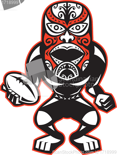 Image of Maori Mask Rugby Player standing With Ball