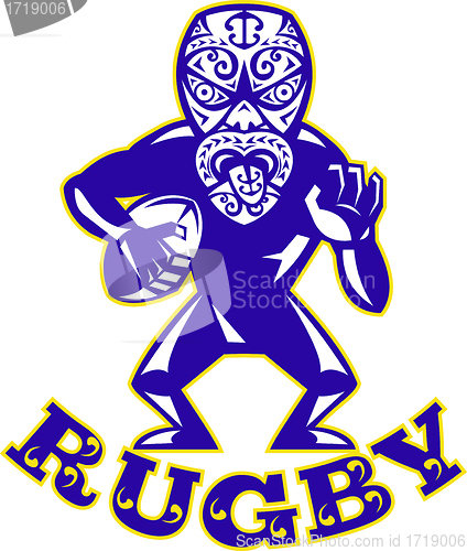Image of Maori Mask Rugby Player Running With Ball Fending