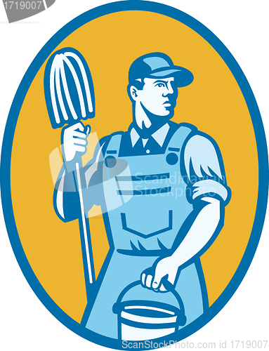 Image of Cleaner Worker With Mop And Pail