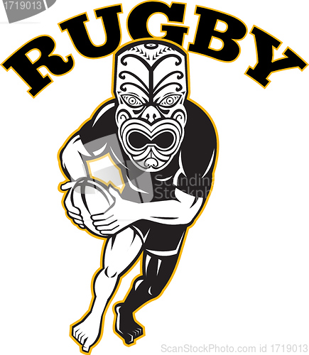 Image of Maori Mask Rugby Player Running With Ball