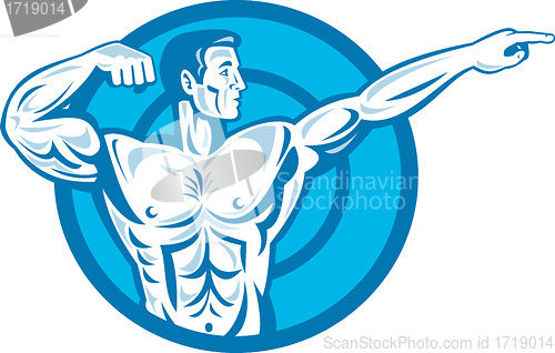 Image of Bodybuilder Flexing Muscles Pointing Side Retro