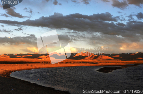 Image of Landscape of Tibetan lakes at sunset