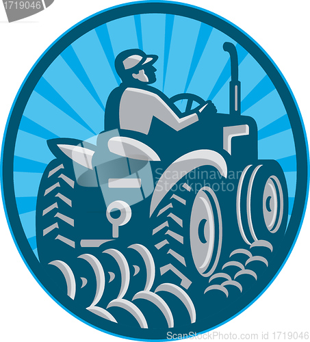 Image of Farmer Plowing With Tractor Retro