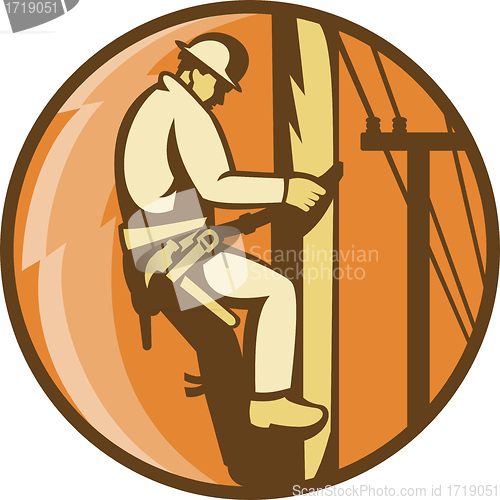 Image of Power Lineman Electrician Climbing Utility Post