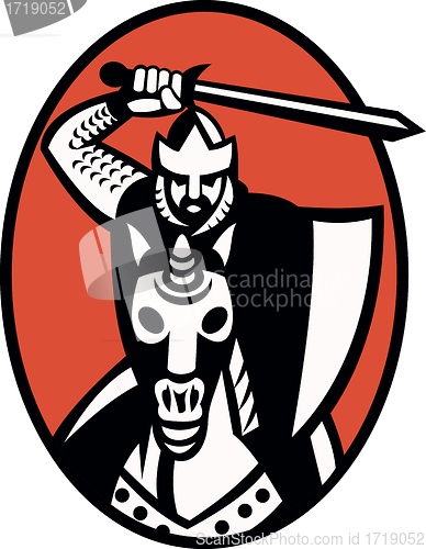 Image of Knight Crusader With Sword Riding Horse Retro