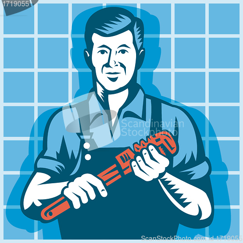 Image of Plumber Worker With Monkey Wrench Retro