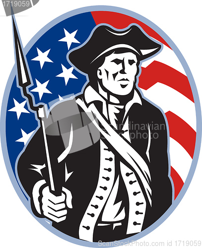 Image of American Patriot Minuteman With Bayonet Rifle And Flag