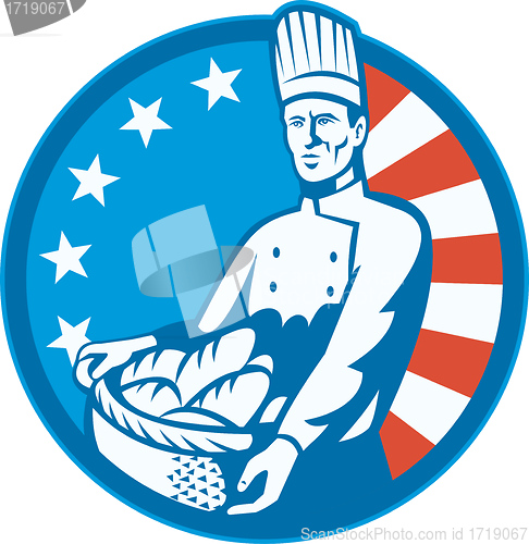 Image of American Chef Baker Cook With Basket Loaf Bread