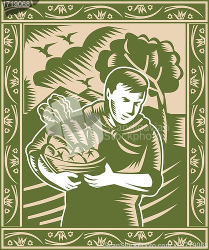 Image of Organic Farmer With Basket Harvest Crops Retro