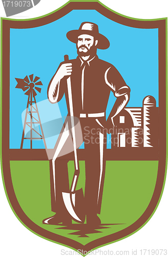 Image of Farmer With Spade Windmill Farm Barn Retro