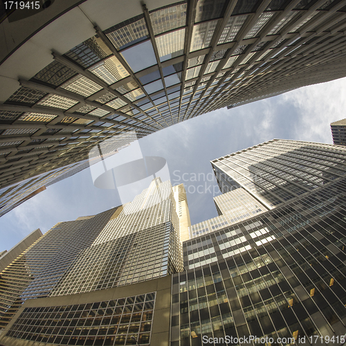 Image of Fisheye upward view of New York City Skyscrapers