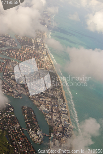 Image of Miami city Downtown Buildings aerial view with blue sea