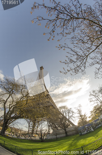 Image of Upward view of Eiffel Tower in Paris