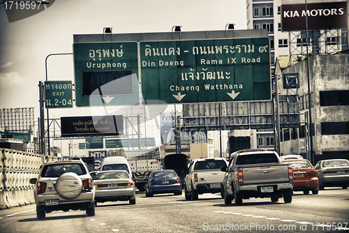Image of Bangkok, Thailand - August 14: Cars enter the City via a main Ro
