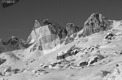 Image of Snowy Landscape of Dolomites Mountains during Winter