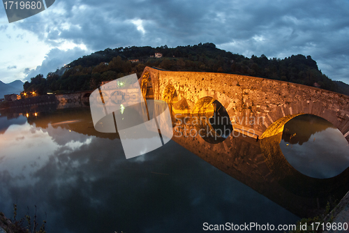 Image of Devils Bridge at Night in Lucca, Italy