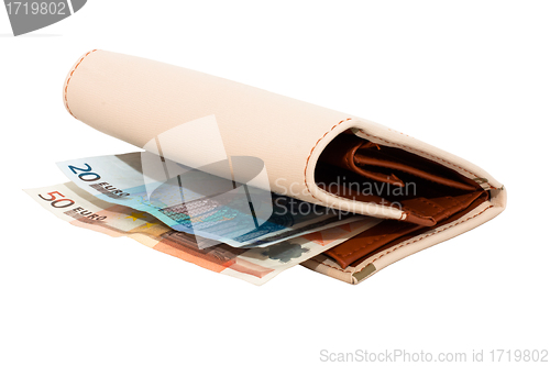 Image of Wallet with monetary denominations on a white background