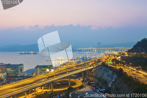 Image of Tsing Ma Bridge and highway scene in Hong Kong