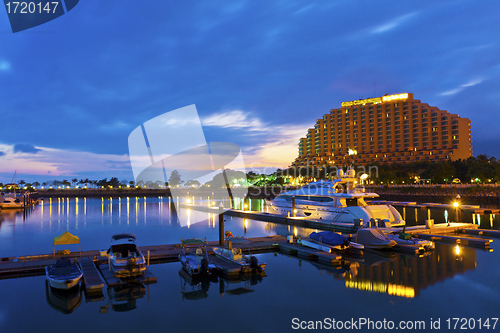 Image of Yacht pier at sunset time in Hong Kong, Gold Coast.