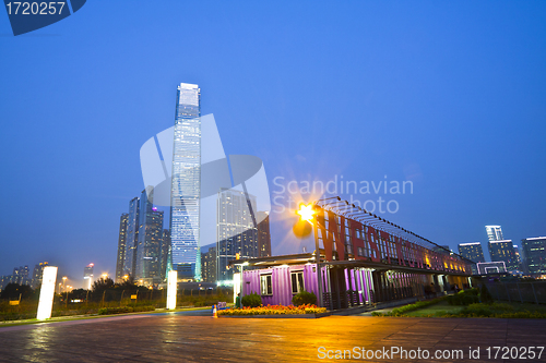 Image of Hong Kong skyline at night at Kowloon West Promenade