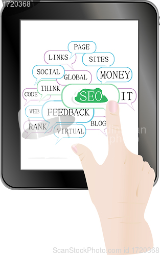 Image of tablet pc with cloud and tags on social engine optimization