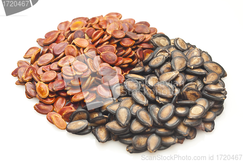 Image of Black and red water melon seeds isolated on white background